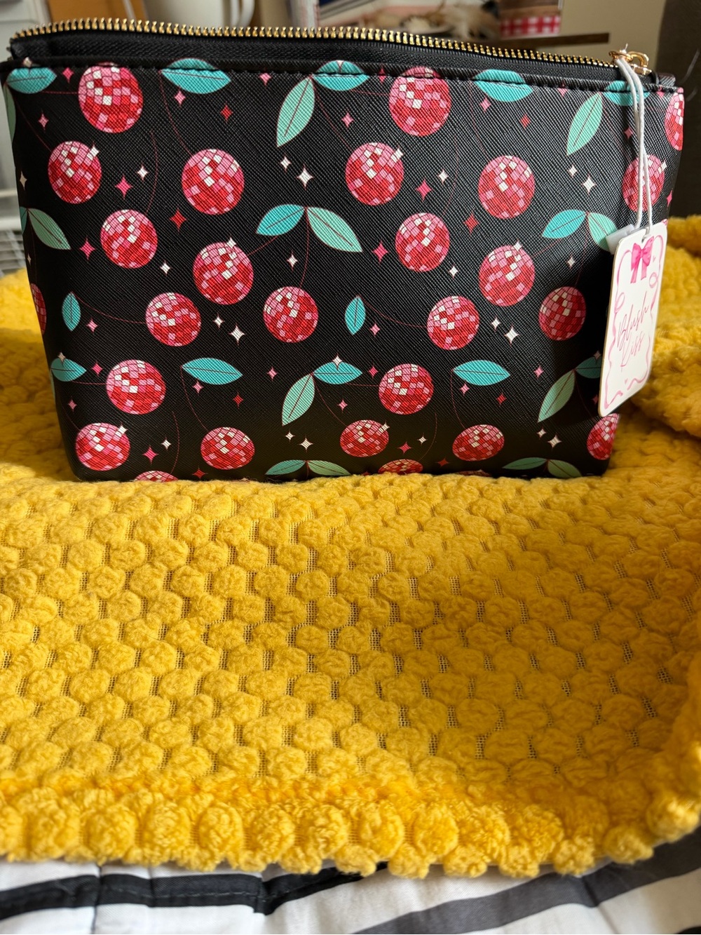 Cherry Print Cosmetic Pouch - Black with Red Cherries & Teal Leaves